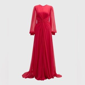 Monique Lhuillier Twisted Long-Sleeve Silk Gown Maxi Dress